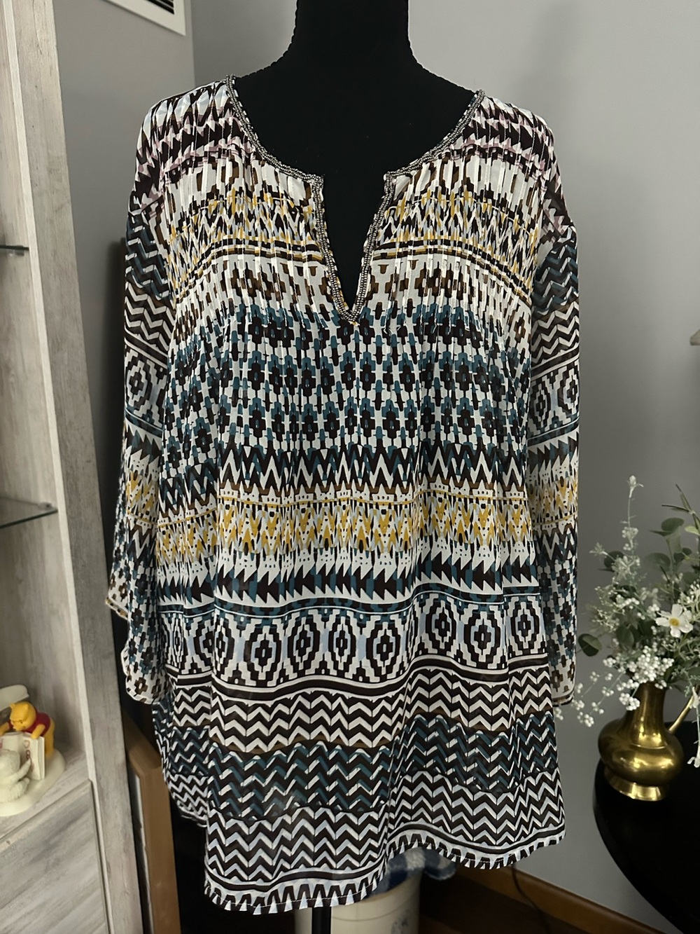 Ariat Aztec-Pattern Tunic Top in Black, White, Teal & Yellow